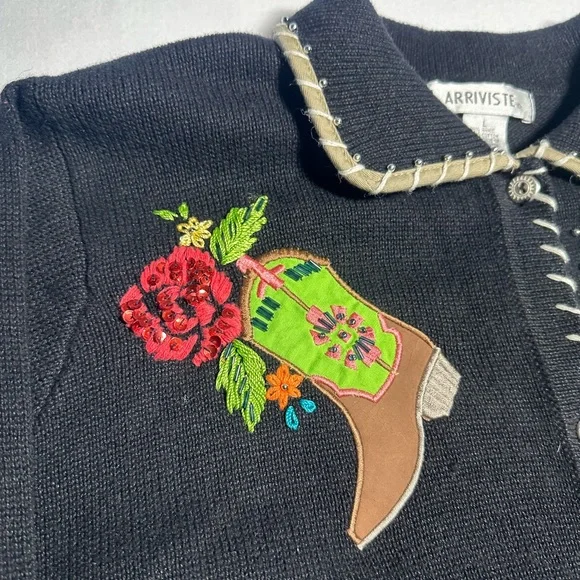 Arriviste Western Boot Embroidered Cardigan Sweater Vintage Cowgirl Rodeo Jacket - Picture 6 of 7
